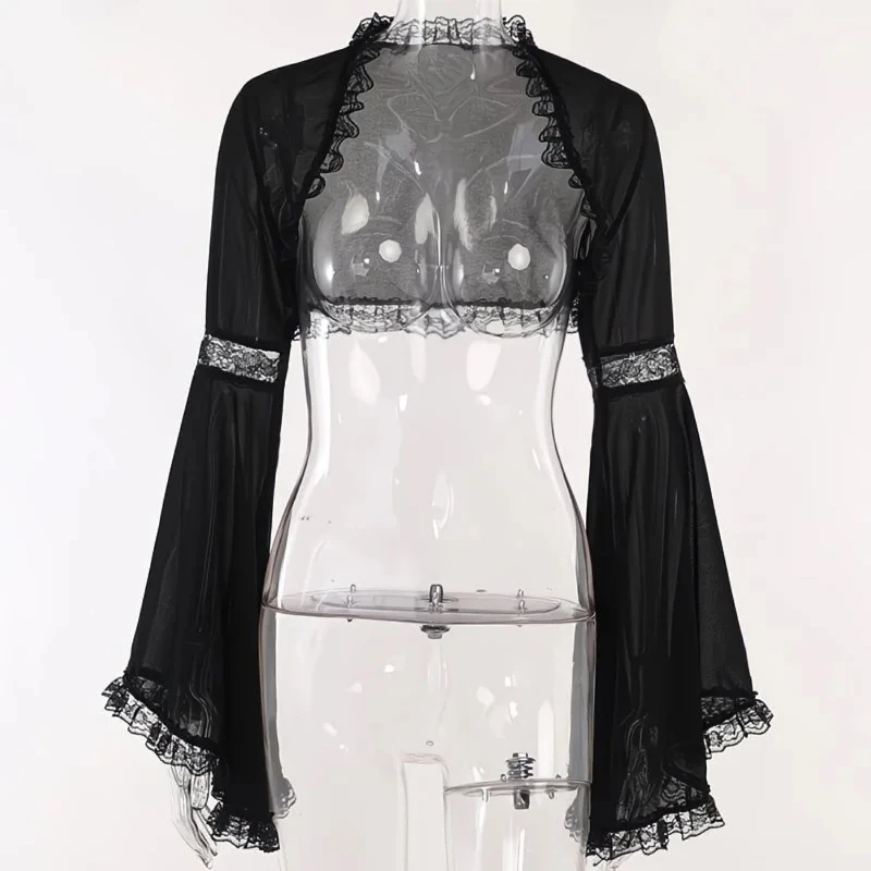Gothic Harajuku Lolita Black White Lace Trim Bell Sleeve Sheer Mesh Crop Shrug For Women Girls Cosplay Party Daily Wear Clubwear