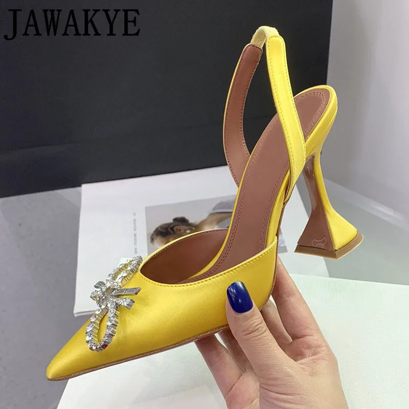 

Designer New Crystal Bow Knot High Heels Women Pointy Toe Satin Ankle Strap Party Dress Shoes Summer Sexy Banquet Shoes Women