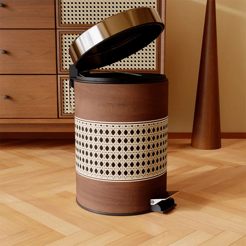 

Мусорное ведро в винтажном стиле с педалью, с узором под ротанг и текстурой дерева, с герметичной крышкой для кухни, ванной, офиса, домашнего декора