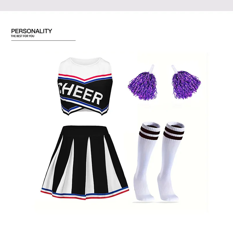 Cheerleading Uniform Sleeveless Crop Top Pleated Skirt Set Free Bonus Lace Flowers & Socks For Sports Competition Halloween view 2