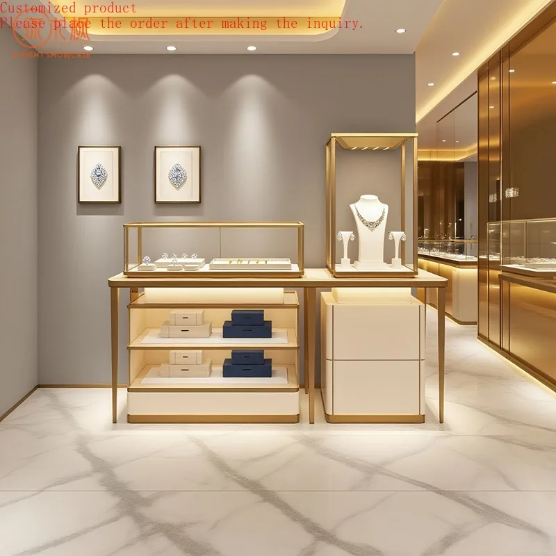 

Custom.Custom Luxury Gold Frame Jewelry Display Cabinet - Modern Retail Store Showcase Counter for Watch Ring Necklace Exhibitio