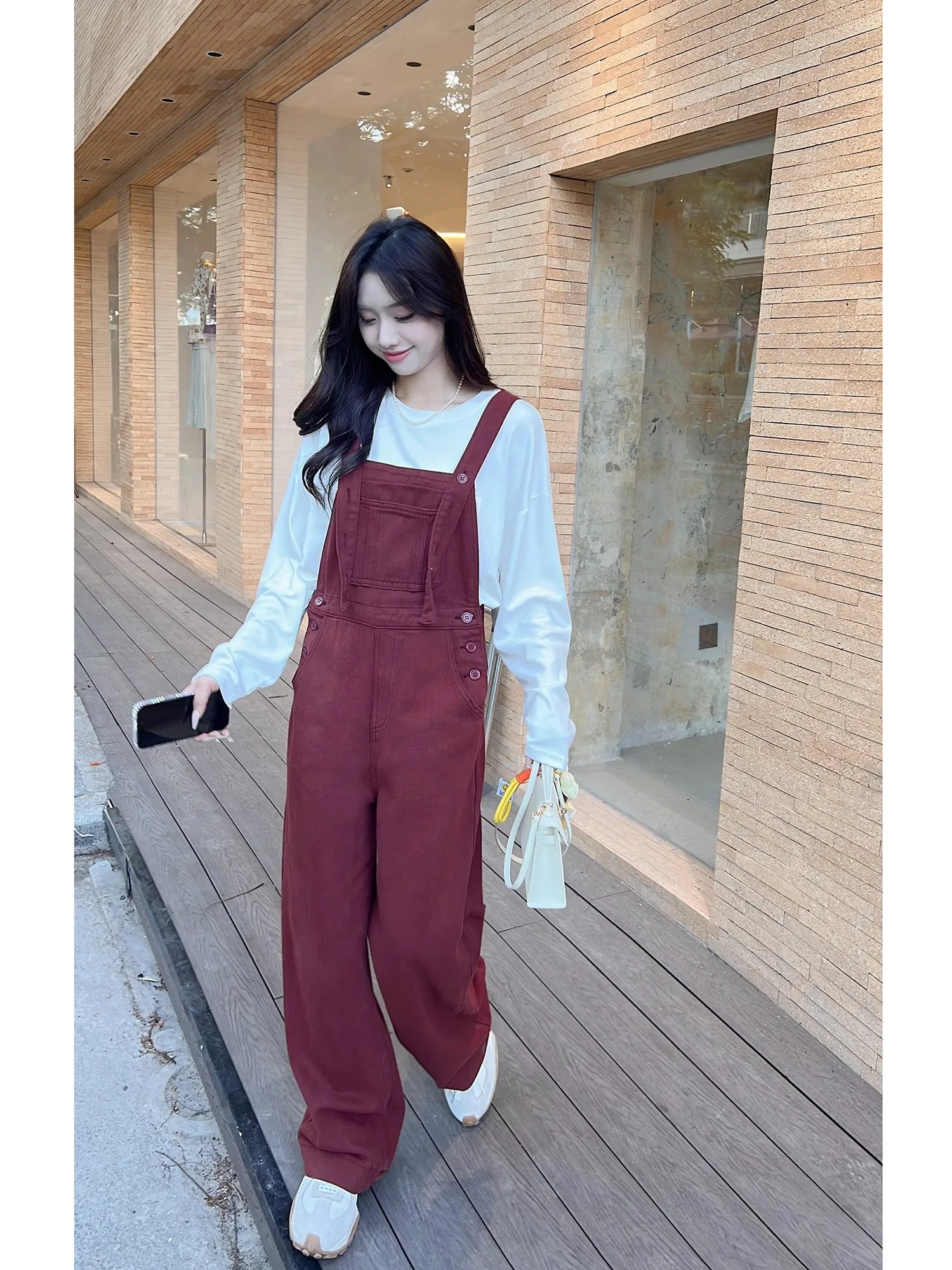 

Seventeen High Waist Casual Loose Women's Overalls Rustic Red Denim Web Belt Pants Autumn New Sle Ladies Faion Jeans
