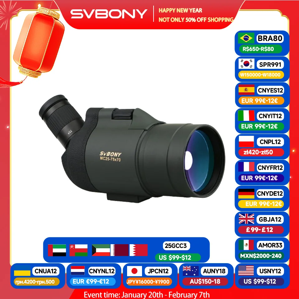 SVBONY SV41 Portables Telescope Spotting Scope 25-75x70 Mini MAK FMC BAK4 Fine Focus Knob Focusing for Birdwatching Outdoor Work