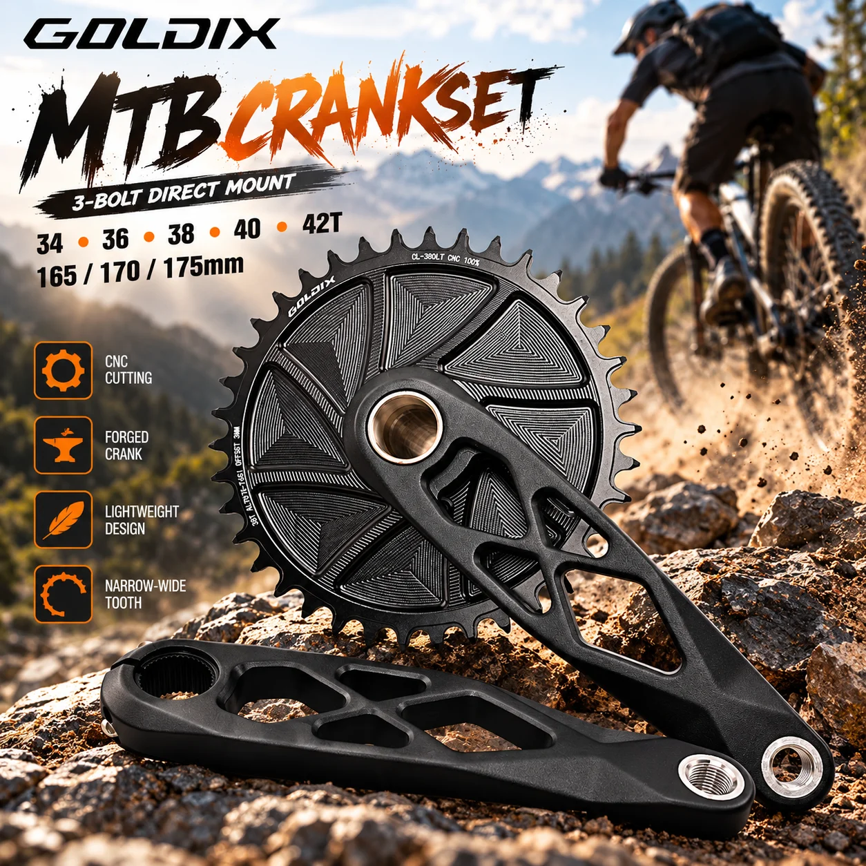 GOLDIX MTB Crankset 165/170/175mm Forged Alloy 3-Bolt Direct Mount Narrow Wide Chainring High Strength Mountain Bike Crank Set