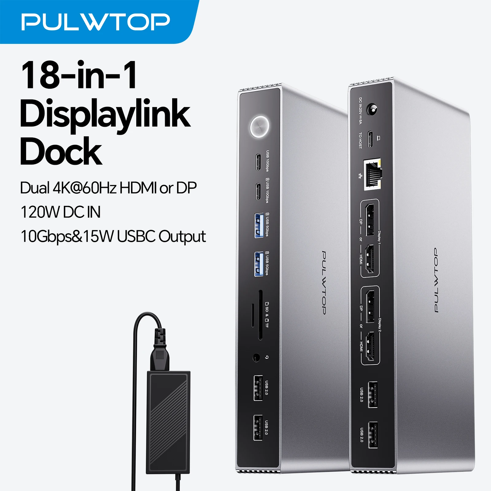 PULWTOP Displaylink Docking Station, DisplayLink Dock Dual Displays for MacBook/Windows, with 2 HDMI, 2 Display Port, USB A/C