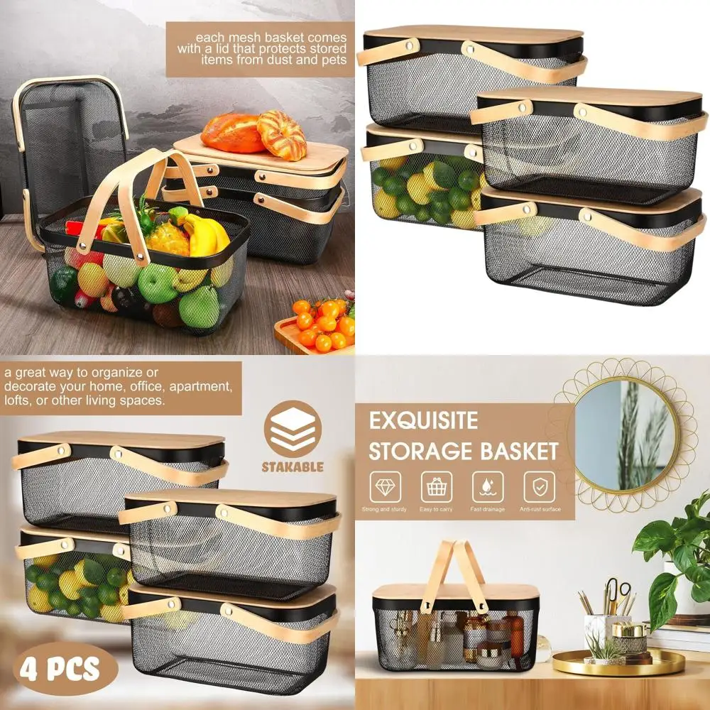 

16 Black Mesh Steel Basket Set with Handles & Lids for Harvesting, Storage, and Kitchen Use