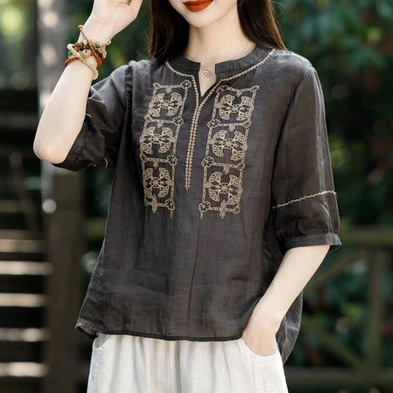 Women Vintage Ethnic Style Embroidery Cotton Linen Blouses Summer V Neck Short Sleeve Shirts Casual Solid Loose Irregular Tops