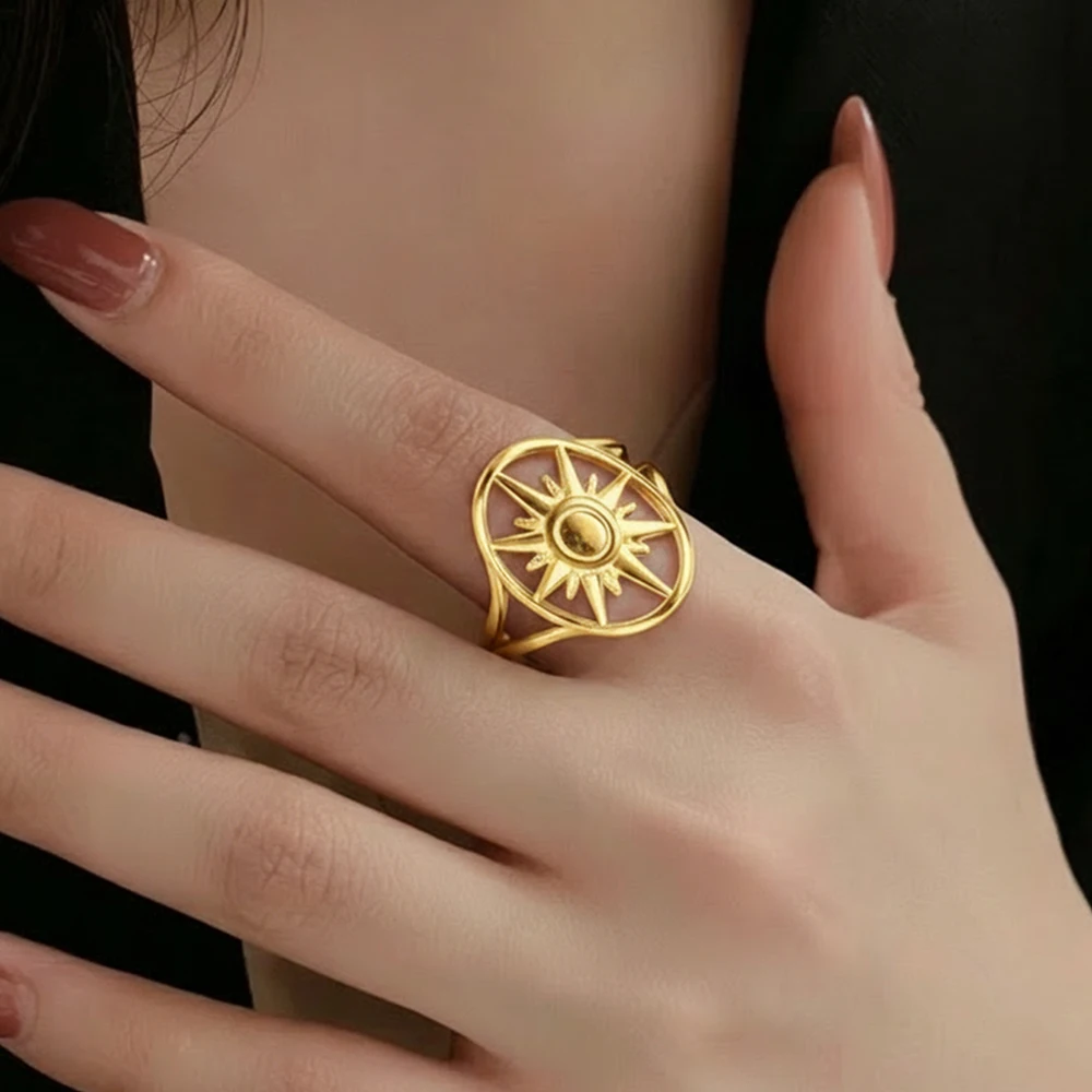 Stainless Steel Ring Retro Oval Octagonal Star Women's Jewelry Adjustable Hollow Wide Ring Party Jewelry Gifts Daily Collocation