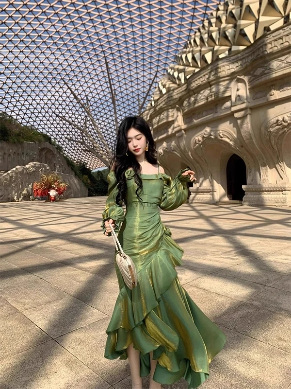 Französisch Spitze Rüschen Asymmetrische Saum Kleid Sommer Neue Meerjungfrau Temperament Wasp Taille hüfte-umarmt Lange Frauen Sexy Kleid