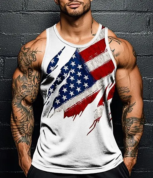 2026 New Men's National Flag Vest Patriotic Sleeveless Gym Fitness Shirt Summer Casual Street Wear Muscle Adult Loose Vest