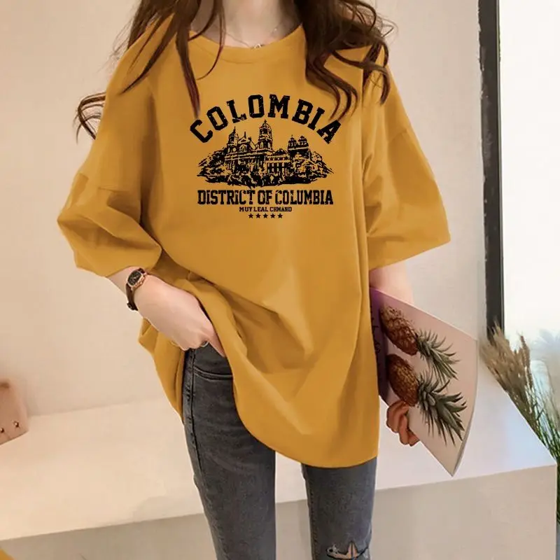 Vintage Printing Castle Letter T-shirt Women Summer High Quality Short Sleeve O-collar Loose Mid Length Version Lady Top