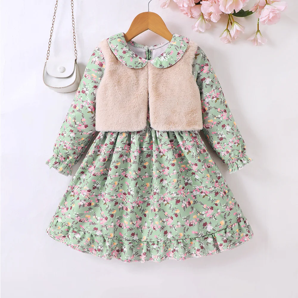 

2024 New Clothing Set Girls Sleeveless Vest Long Sleeve Print Floral Ruffles Green 2 Pcs Sets Casual Girls Clothes Set 4-8T