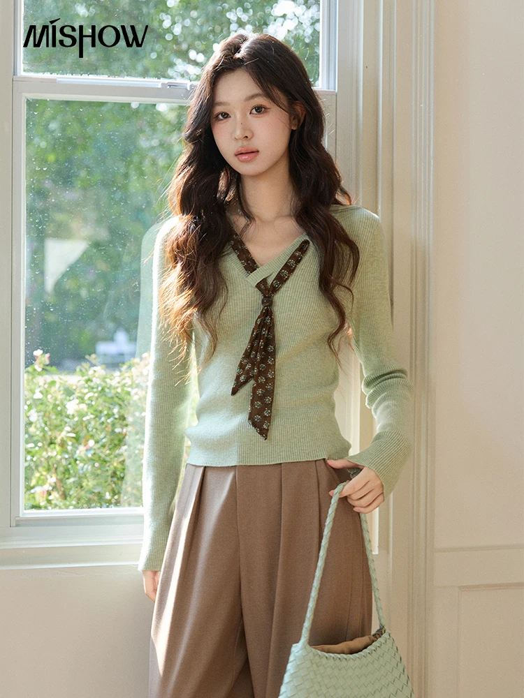 

Женский тонкий свитер MISHOW с V-образным вырезом и завязками, вязаный в рубчик, с цветочным узором, весна 2026, с длинным рукавом, приталенный, повседневный, мягкий, зеленый, MXF108Z1024