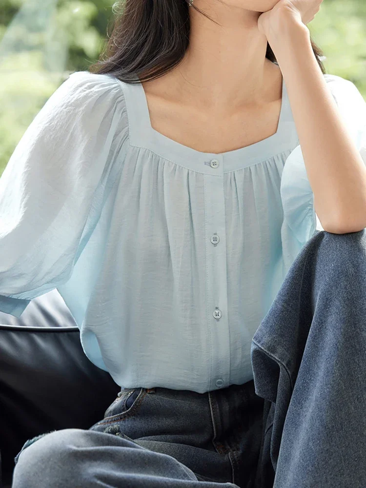 Camicette in chiffon con colletto quadrato stile coreano pop per donna Camicia estiva casual a maniche corte chic sottile Top femminile