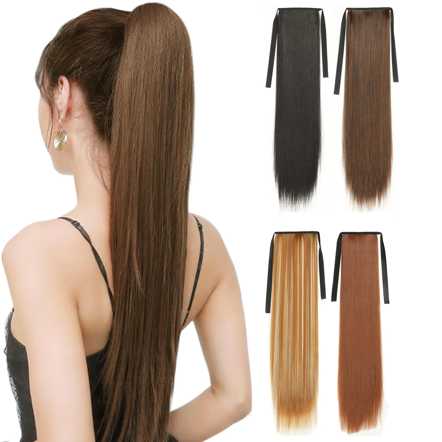 

Длинные прямые хвостики с лентой на шнурке, наращивание волос, быстрая укладка, повседневная одежда, синтетический шиньон для женщин