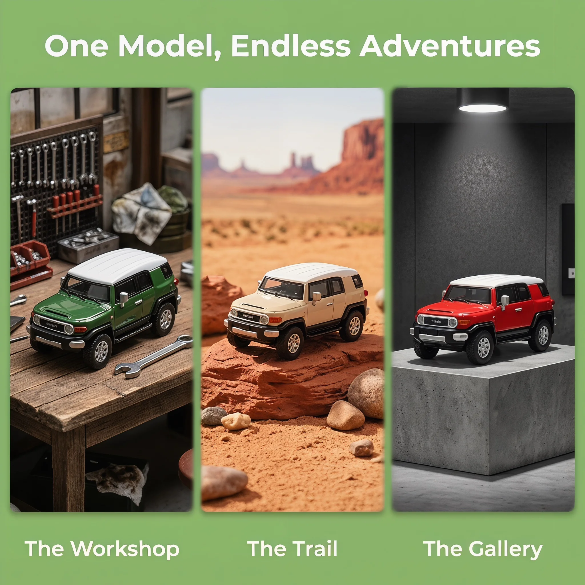 Toyota FJ Cruiser 1:64 Scale Die-Cast Metal Model, Military Style | Handicraft Collection, Single Box Random 1 pc