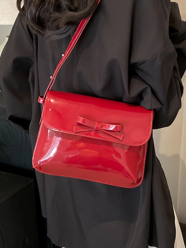 Lacquer Leather Red Small Square Bag Women 2024 New Fashionable Sweet Bow Crossbody Bag Lady High-end Flip Cover PU Shoulder Bag