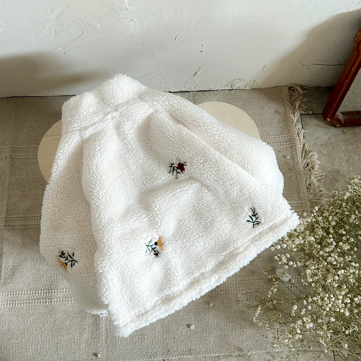 New Baby Girls Winter Coat Warm Embroidered Zippered Jacket with Fake Lamb Wool Fur Kids Overcoat Children's Clothing