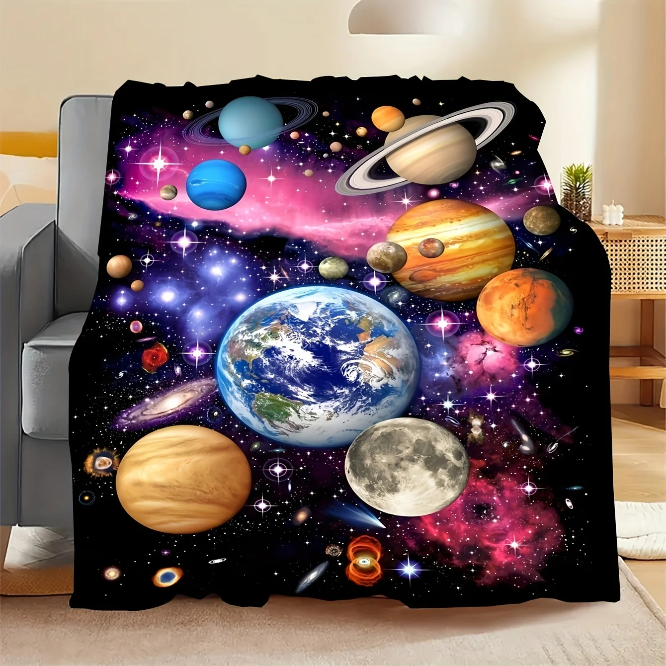Contemporary Space-Themed Flannel Fleece Blanket - Geometric Planets Patterned Throw for Sofa,Nap, Air Conditioning, Car,Camping