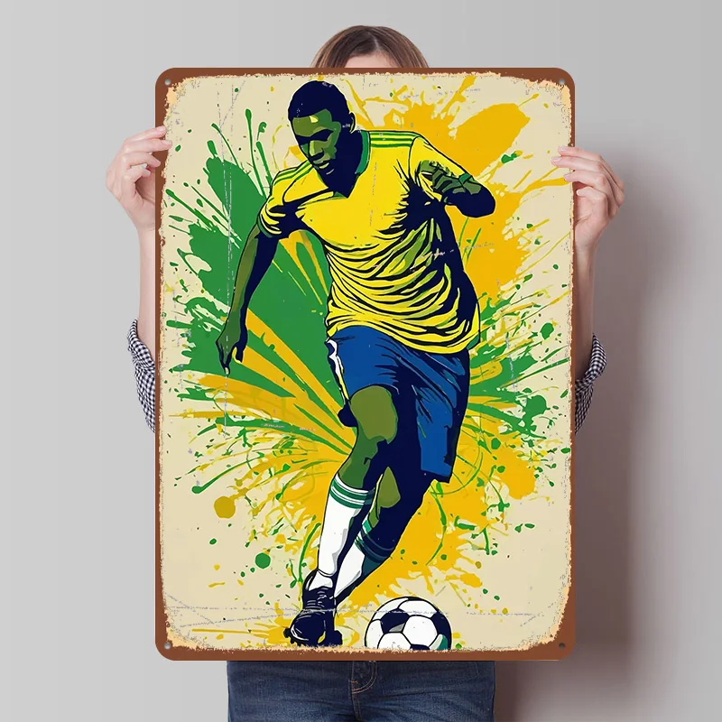 Soccer Player With Brazil Splatter Poster Customized Vintage Metal Signs Wall Art Retro Tin Plaque for Mancave Room Decorations