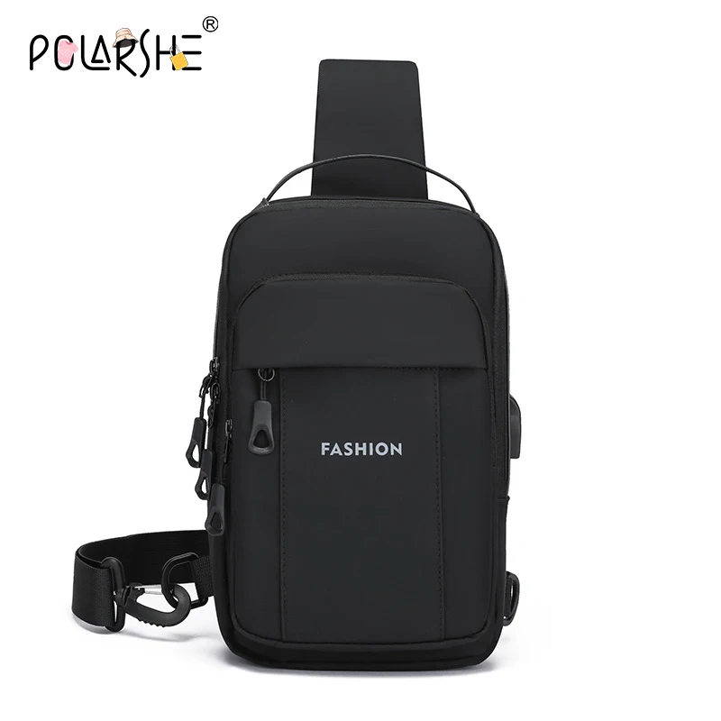 Polarshe Men's Chest Bags with USB Waterproof Oxford Fabric Male Shoulder Crossbody Bag Multifunction Large Capacity Travel Bags