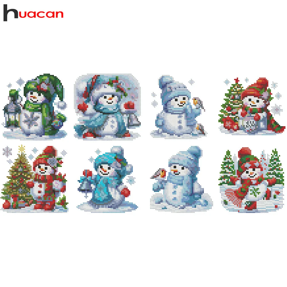 Huacan 8 Stück Mini-Diamantgemälde, Schneemann, 5D, DIY, runde Diamant-Stickerei, Cartoon, Winter, Urlaub, Heimdekoration, Weihnachtsgeschenk
