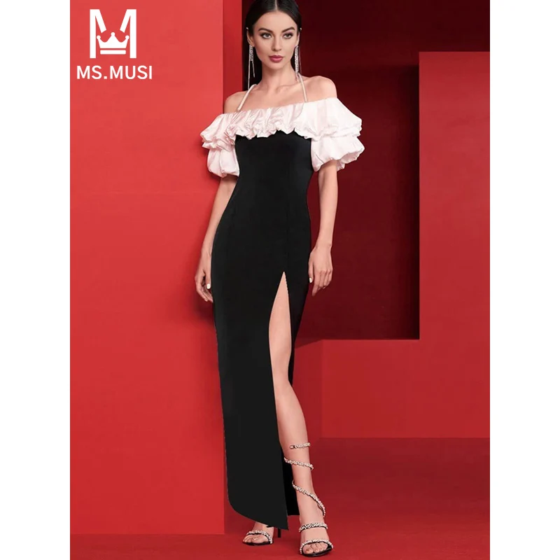 

MSMUSI 2024 New Fashion Women Sexy Off The Shoulder Pearl Halter Off The Shoulder Bodycon Party Club Event Maxi Dress Long Gown