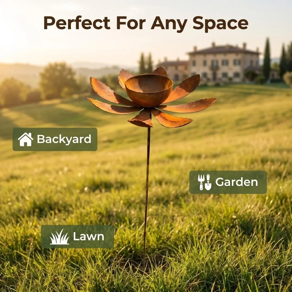 Flower Shape Metal Garden Birdbath Ground Insert Rusty Bird Water Dispenser Iron Art Handmade Animals Drinking Tray