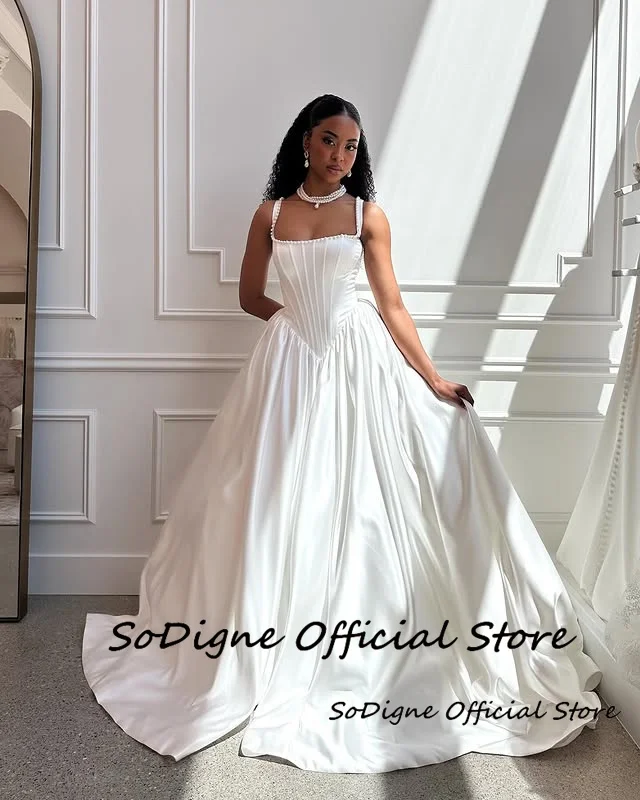 SoDigne A-line Satin Simple Wedding Dress Sleeveless Pearls Bride Dresses Long Bridal Gowns vestidos de novia Customized - Image 2