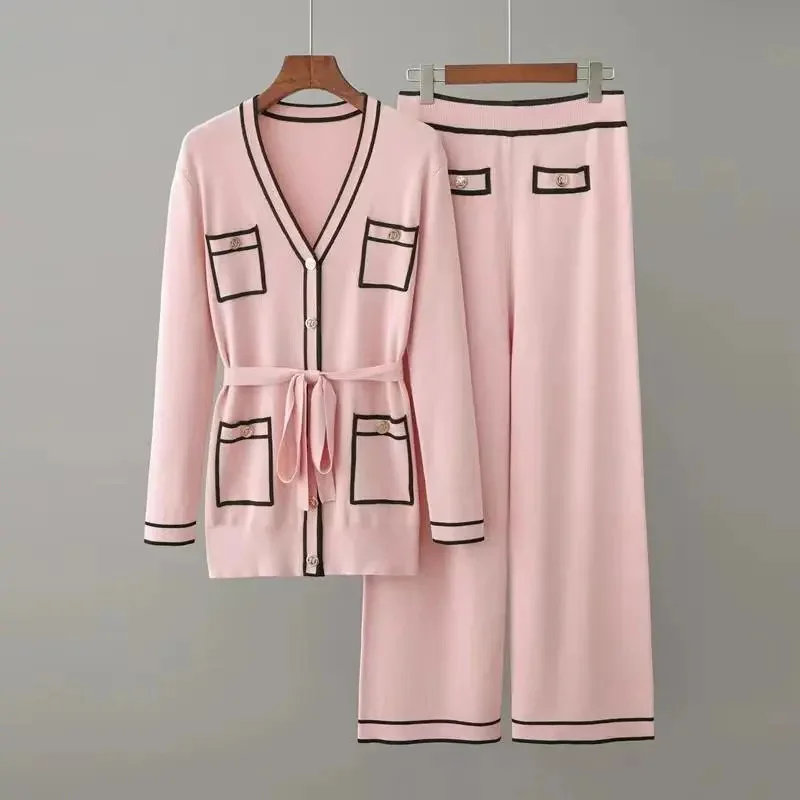 Spring Autumn Long-Sleeved Knitted Suit WomenV-Neck Cardigan Coat +Wide-Leg Pants Two-Piece Sets Fashion Pocket Top+Trousers