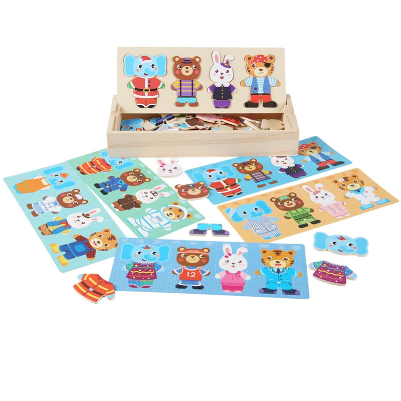 Wooden bear changing clothes animal changing clothes jigsaw kindergarten boys and girls darling Jigsaw Puzzle Children\'s puzzle