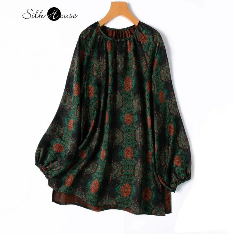 

Atmospheric National Forest Green Totem Print 100% Natural Mulberry Silk Fragrant Cloud Yarn Round Neck Lantern Sleeve T-shirt