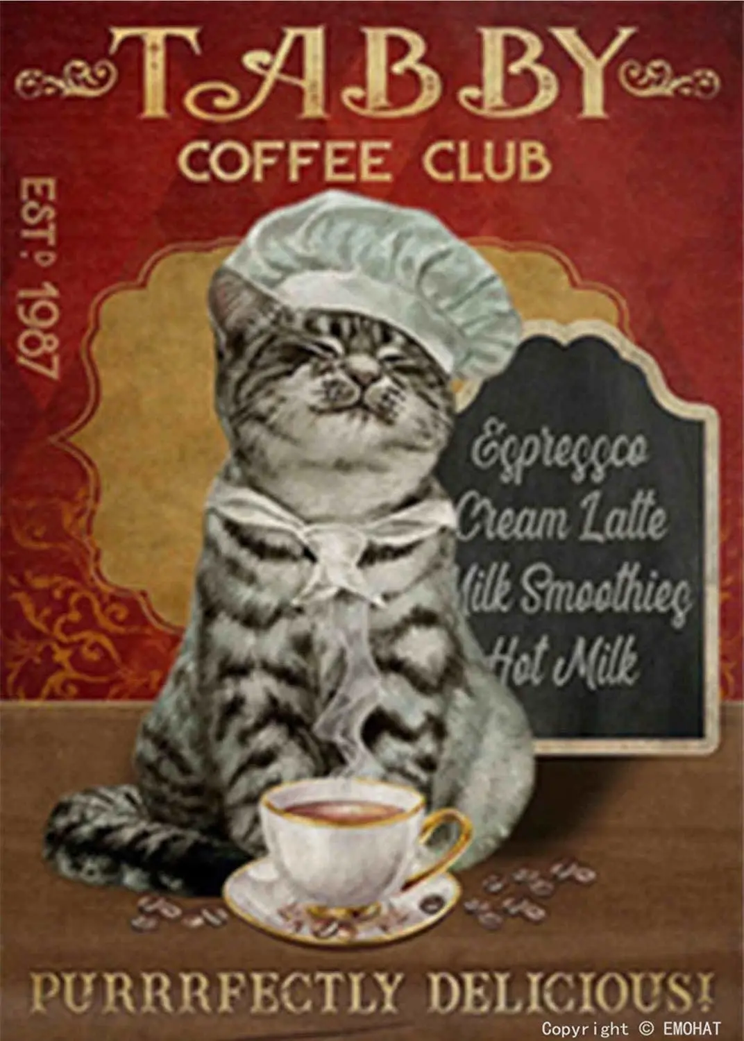 Funny Cat Delicious Coffee Club Vintage Decorative Signs Metal Tin Sign Tabby Coffee Club Cat Wearing A Chef Hat Wall Decor For