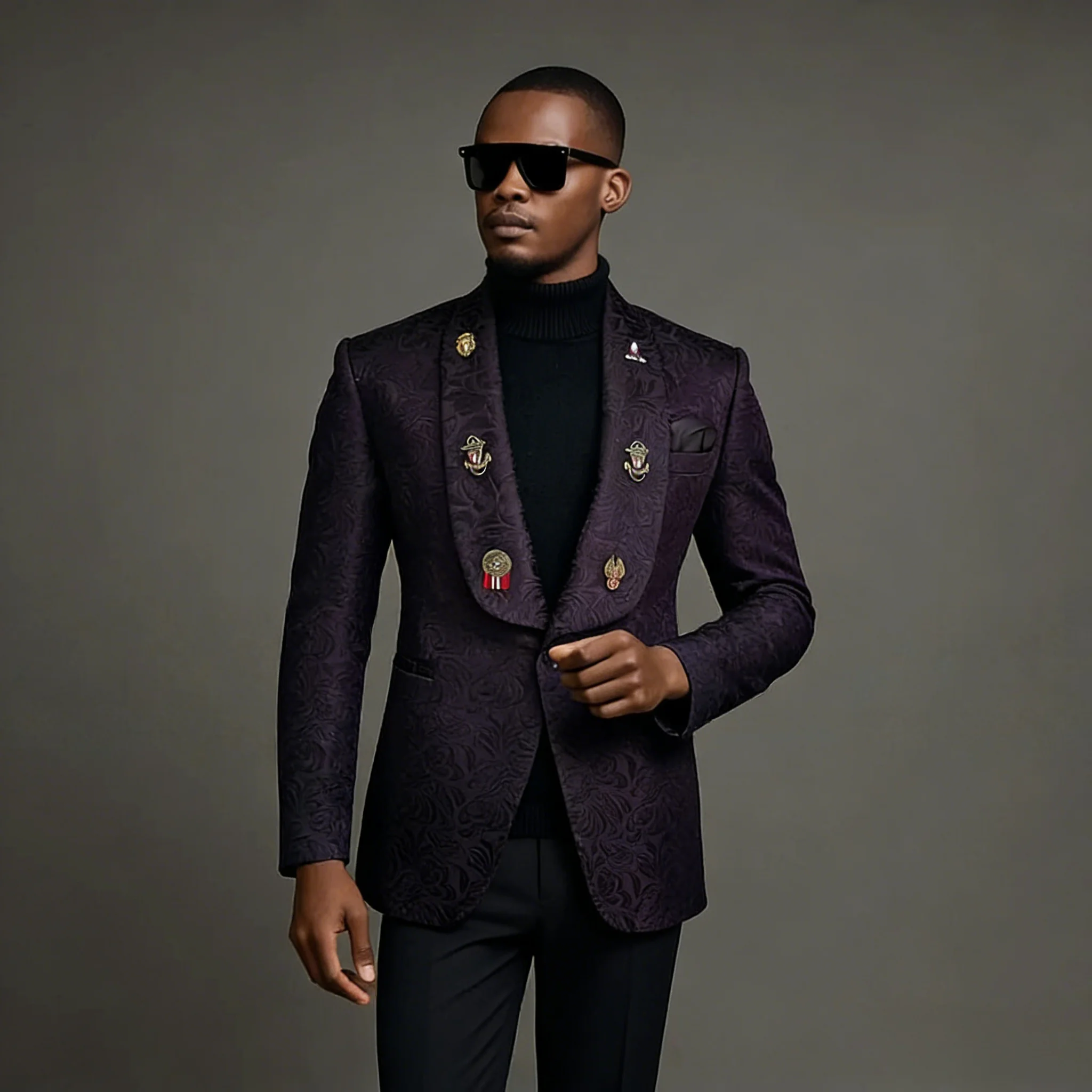 

Black Floral Men Suits Slim Fit 2026 Latest Design Shawl Lapel Formal Groom Wedding Tuxedos Costume Homme 2 Pieces Best Man Sets