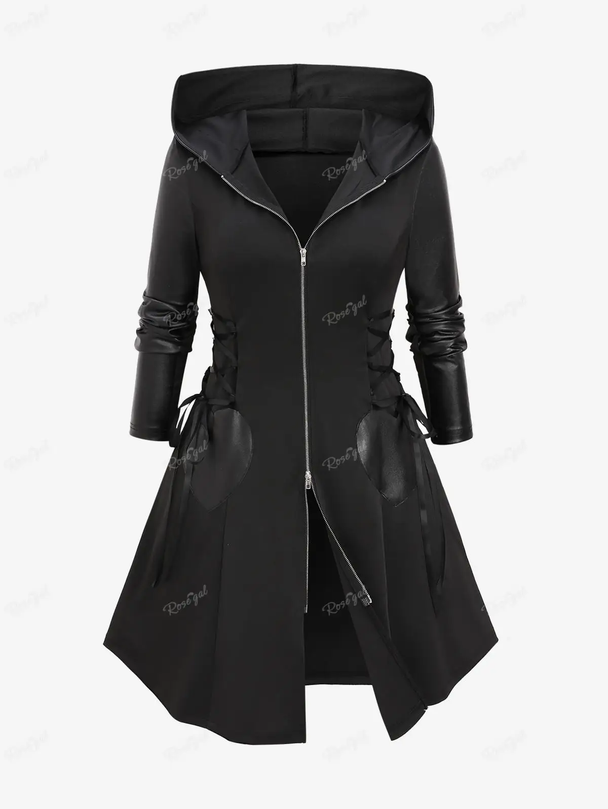 ROSEGAL Plus Size Hooded Zipper Coat Black Lace Up PU Leather Patchwork Outwears Women's High Waist Jacket Coats 4XL