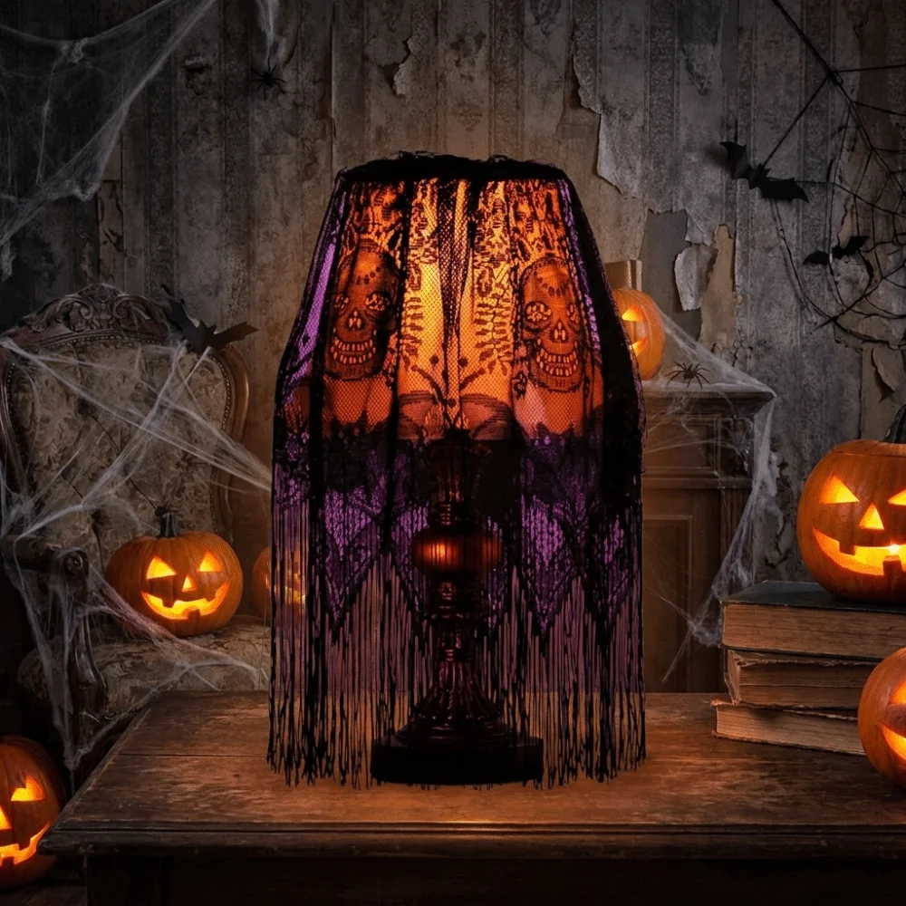 Gothic Style Lace Bat Skeleton Head Lampshade Decorative Black Halloween Lampshade Scary Halloween Table Cover