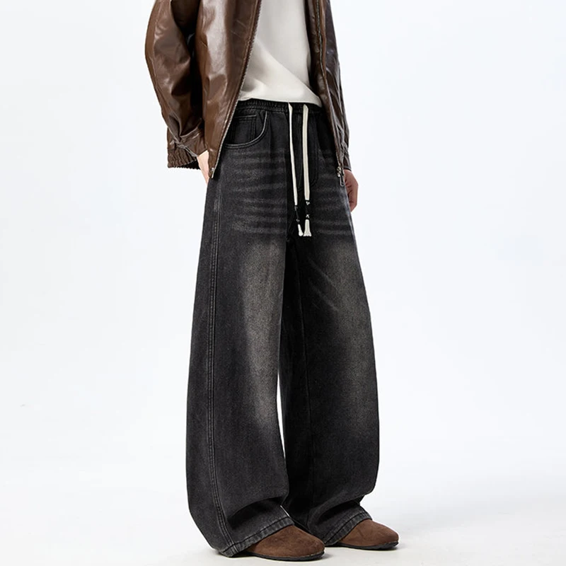 LUZHEN 2026 Winter Thickened Warm Elastic Waist Straight Casual Jeans Men Fashion Handsome Fleece Liner Male Denim Pants JY9215