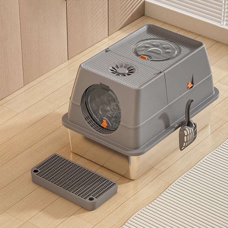 

Extra Large Metal Front Entry Top Exit Clamshell Kitty Litter Box Fully Closed Stainless Steel Cat Litter Box With Lid