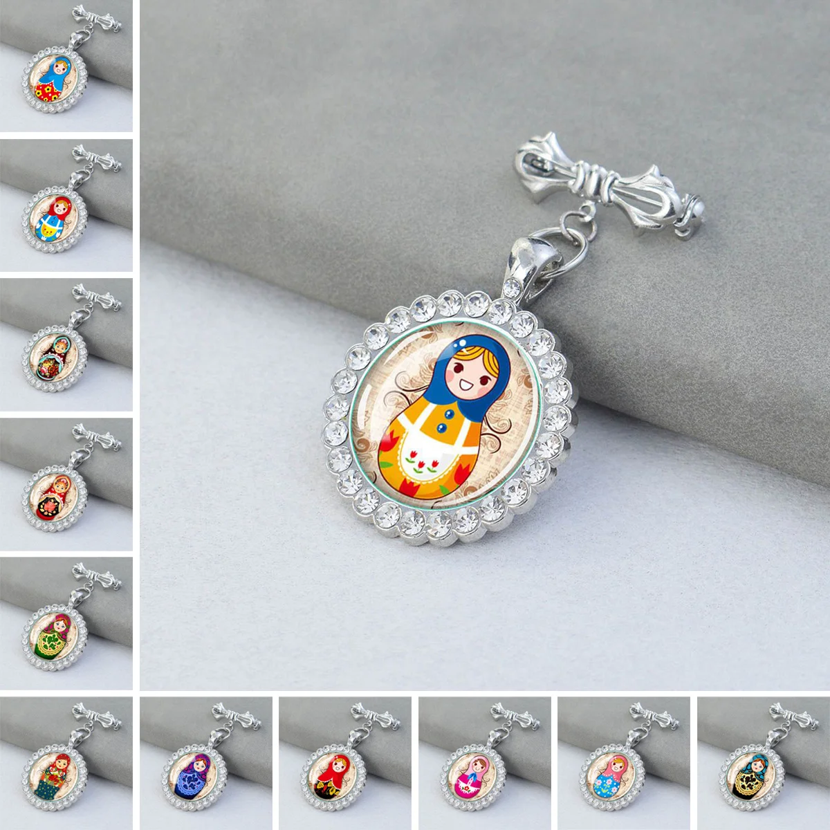 1PC Russian nesting doll pattern circular glass brooch with synthetic zircon trim, ideal for holiday parties and birthday gifts
