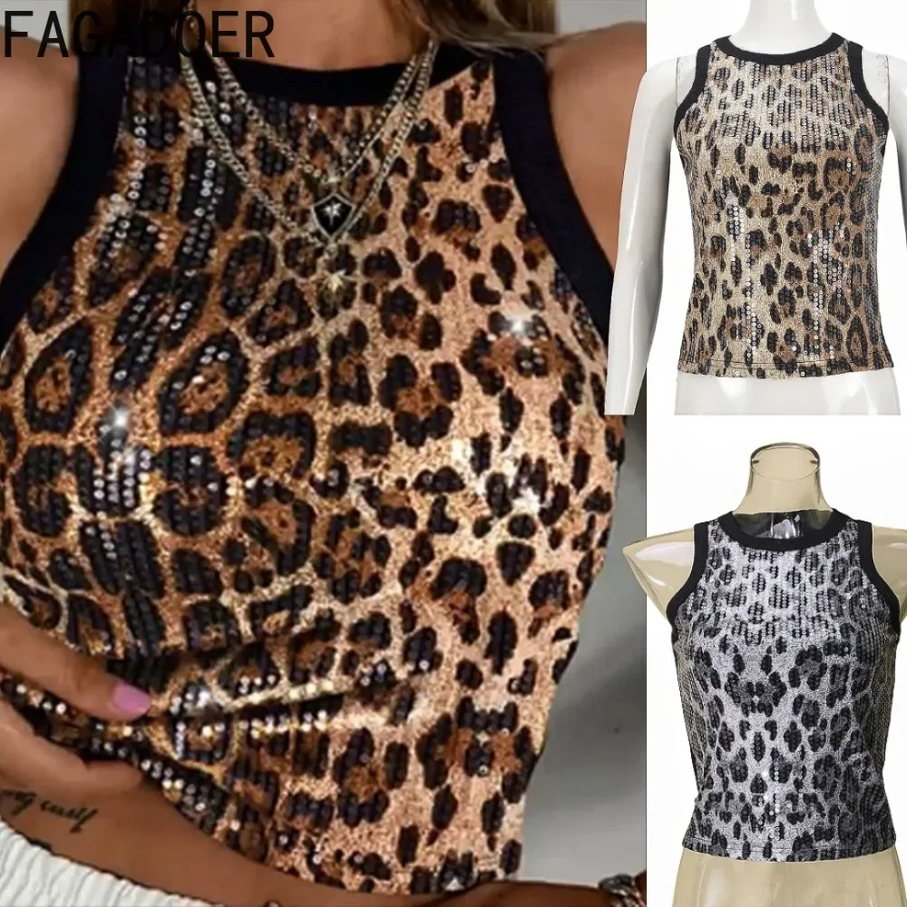 

FAGADOER Y2K Sexy Leopard Sequins T-shirt for Women O-Neck Sleeveless Sparkling Slim Crop Top Female Streetwear 2025 Spring New