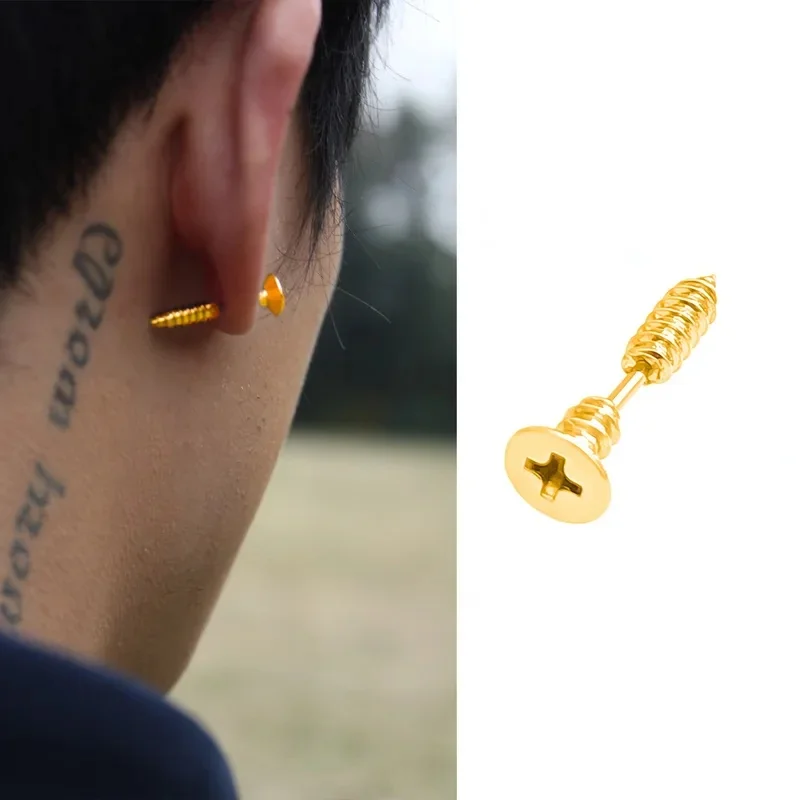 Silver Screw Earrings for Men Novelty Hardware Stud Design Minimalist Biker Punk Rock Daily Fashion Ear Jewelry