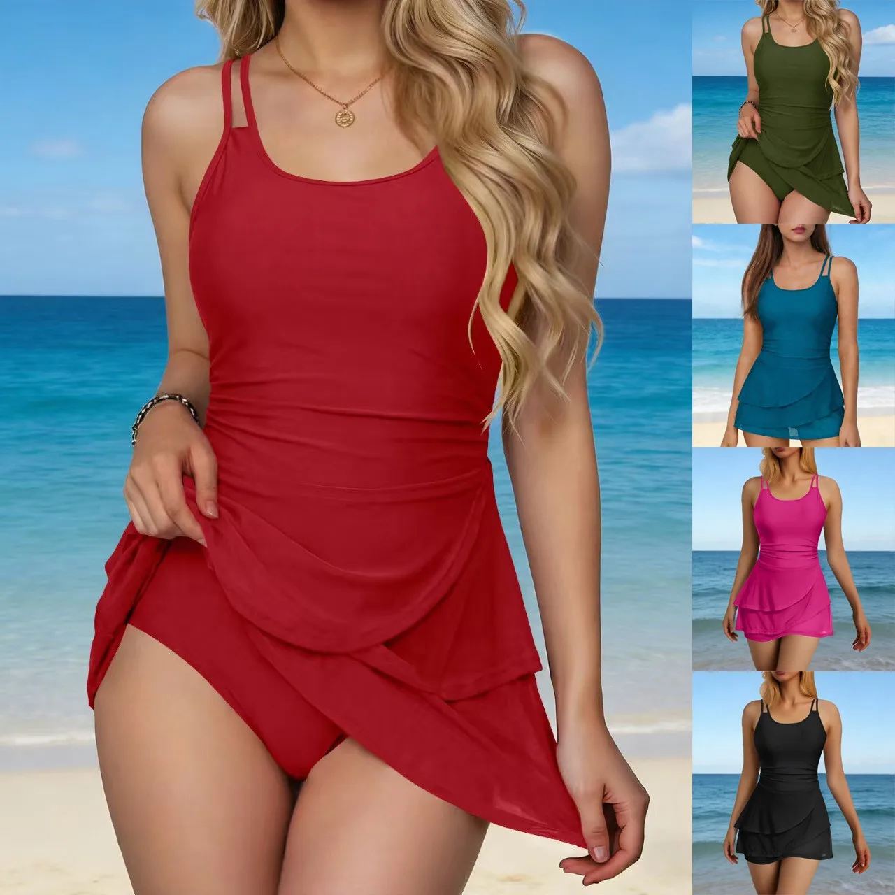 

Woman Swimsuits Tankini With Skirt Sleeveless Swimdress Skirted Ruched Waist Swimming Dress Thin Straps Solid Color A Line