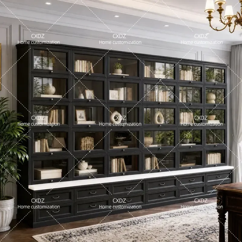 Style Solid Wood Bookcase Whole Wall Storage Cabinet with Glass Door Dust Proof Display Shelf for Living Room