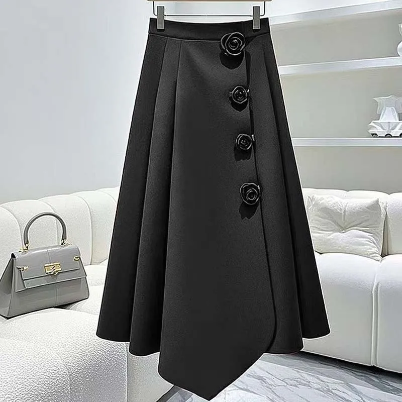 French High-waisted Versatile A-shaped Skirt Spring Autumn Irregular Long Women's Skirt Black Red Large Size Solid Skirts