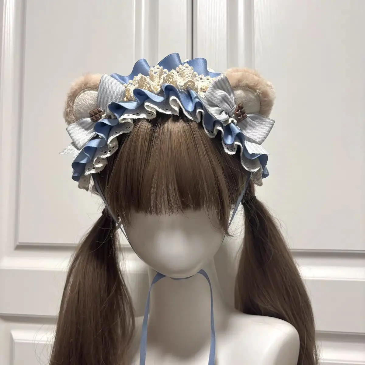 Lolita bear Ear Bow Hair bands Harajuku lovely Y2K girl chocolate hair band Punk Lace Ruffled Headband Hair Hoop