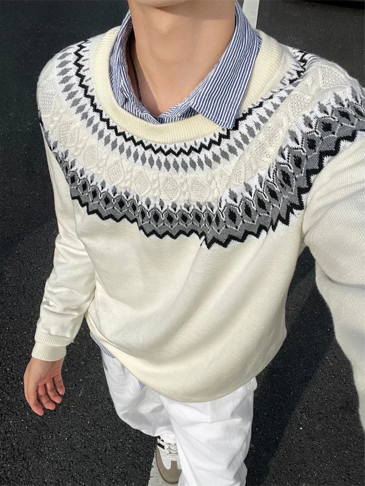 

Американский ретро-свитер с узором Fair Isle, круглый вырез, с бахромой, свободный крой, премиум-класс, в расслабленном стиле, для прогулок по городу, повседневная одежда