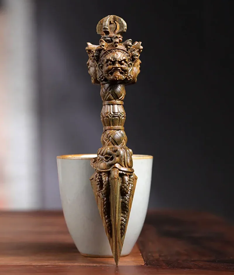 15X3.6X3.6 CM Vajra Pestle Green Sandalwood Sculpture Wood Carving Gada Mallet Statue Buddha