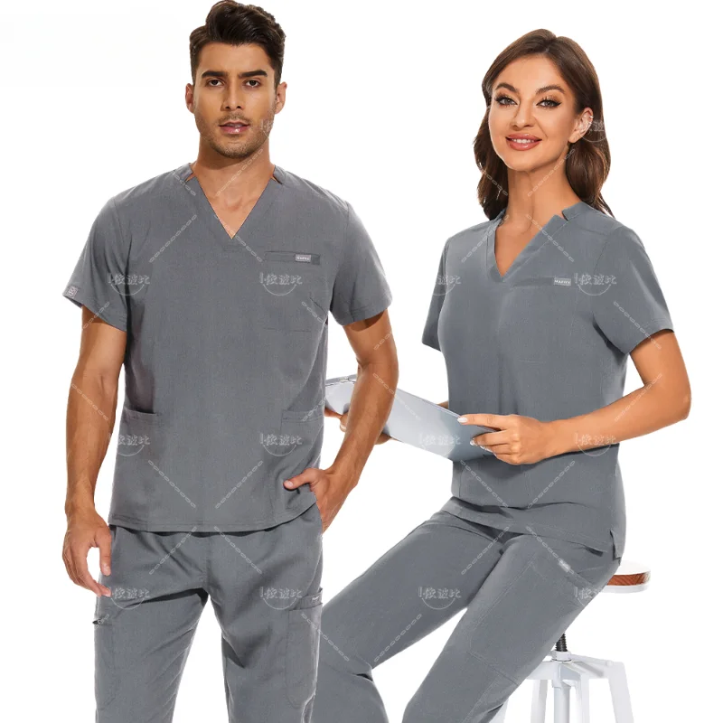 Uniforme de manga curta para homens e mulheres, Enfermeira Scrubs Tops, Blusa de bolso médica Camisa de enfermagem Acessórios médicos