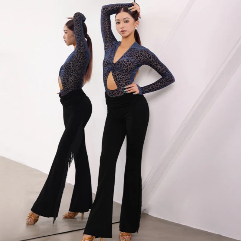 

New Latin dance performance costume sexy leopard print long sleeved top+high waist slimming pants 2pcs women's Latin suit