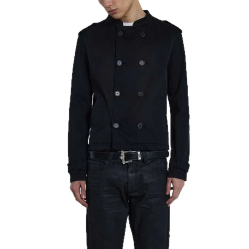 

Coats Retro Minimalist Black Double Breasted Jacket Casual Streetwear Long Sleeve Stand Collar Outerwear Men's Clothing Dail